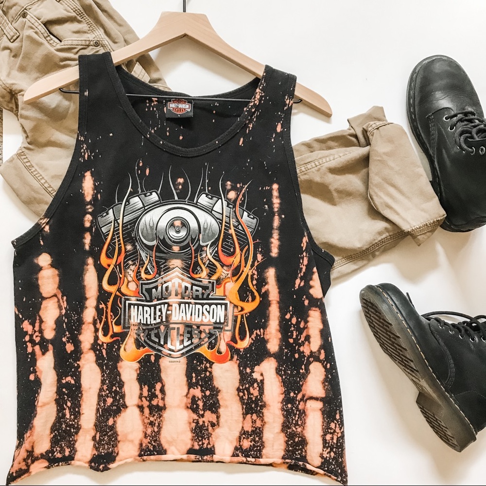 SOLD—Custom Harley Davidson Tie Dye Tank Top w/ Flames Graphic. Black, Large